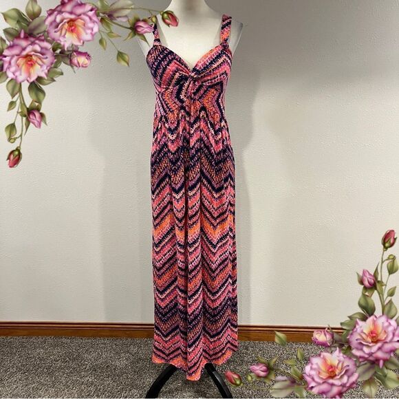 Allison Brittney pink zig zag print v-neck sleeveless Maxi Dress size medium - Picture 1 of 12